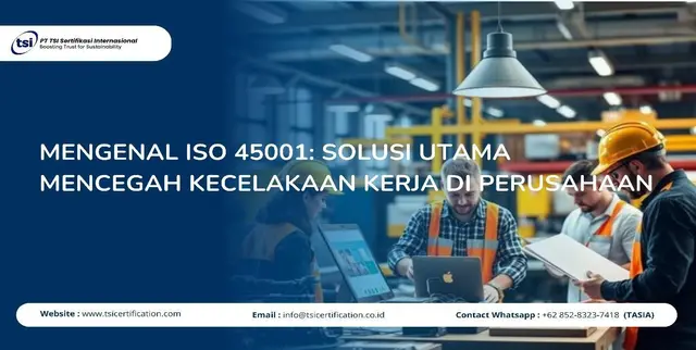 Logo ISO 45001 dengan ilustrasi pekerja memakai alat pelindung diri di lingkungan industri