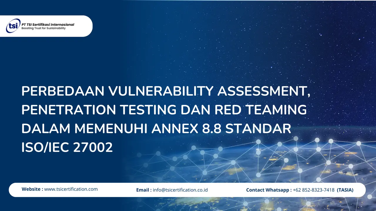 Diagram perbandingan Vulnerability Assessment, Penetration Testing, dan Red Teaming dalam konteks ISO 27002 Annex 8.8