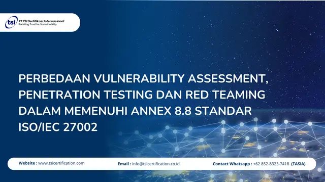 Diagram perbandingan Vulnerability Assessment, Penetration Testing, dan Red Teaming dalam konteks ISO 27002 Annex 8.8