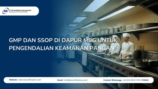 Ilustrasi dapur MBG dengan peralatan bersih, pekerja memakai APD, dan diagram alur GMP serta SSOP