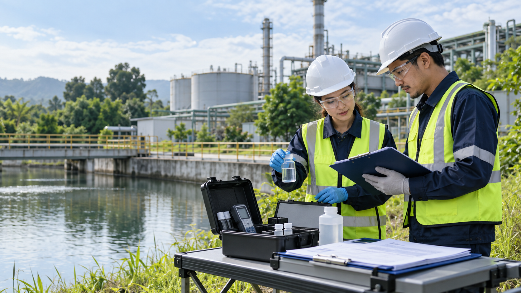 Environmental auditors inspecting water monitoring equipment at an industrial facility